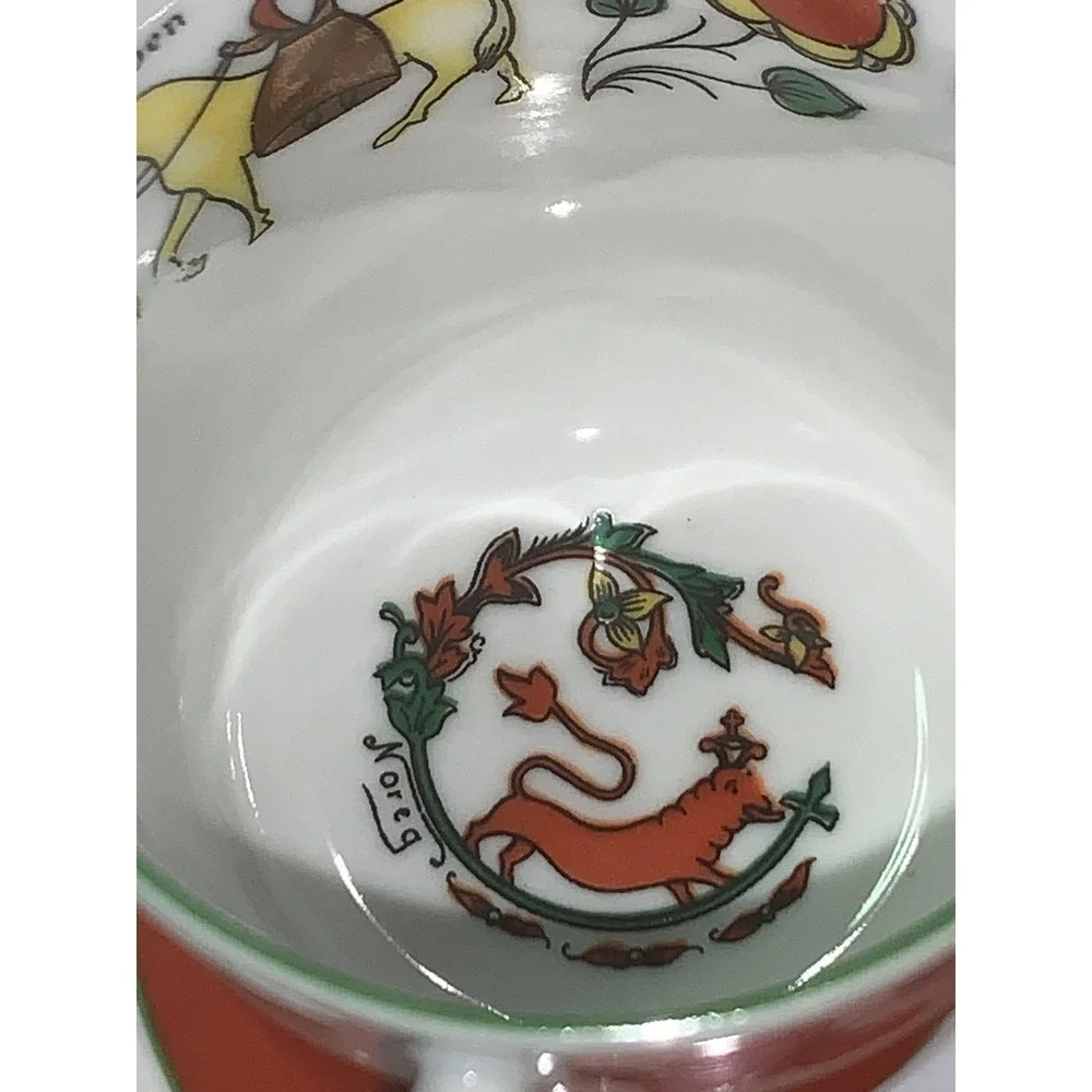 Vintage Noreg Norway Wedding Procession Porcelain Demitasse Set 12pc Red Floral